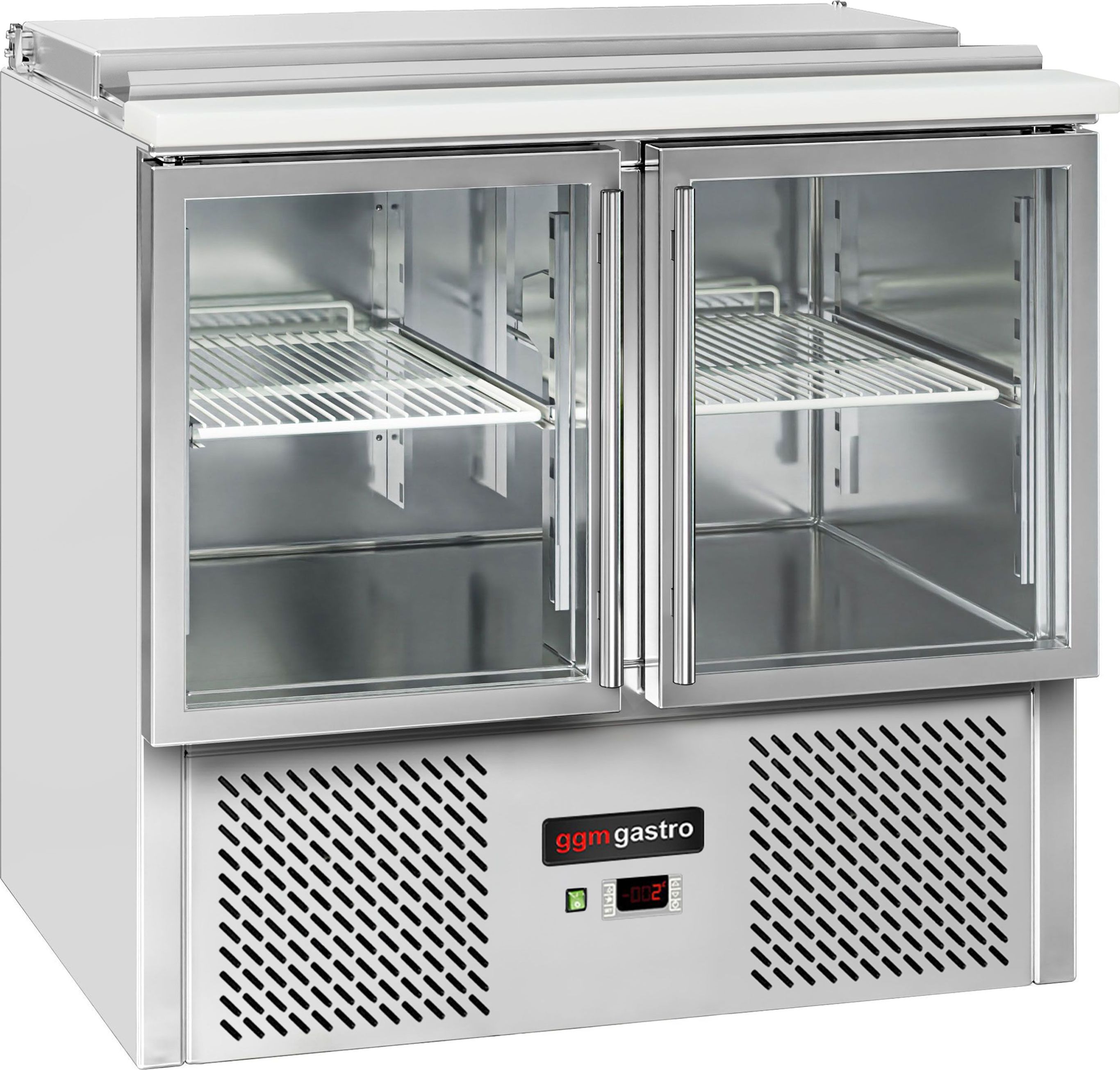 Saladeta ECO - 903 mm - 2 skleněné dveře - s nerezovým krytem pro GN 1/1 - žulová pracovní deska - pro CZ
