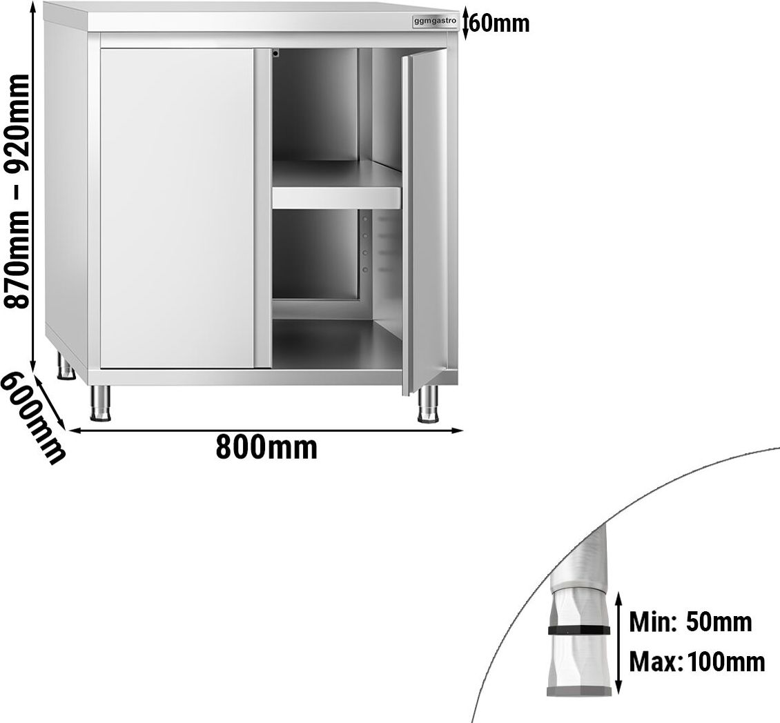 Nerezová pracovní skříňka PREMIUM - 800x600 mm - se 2 křídlovými dveřmi