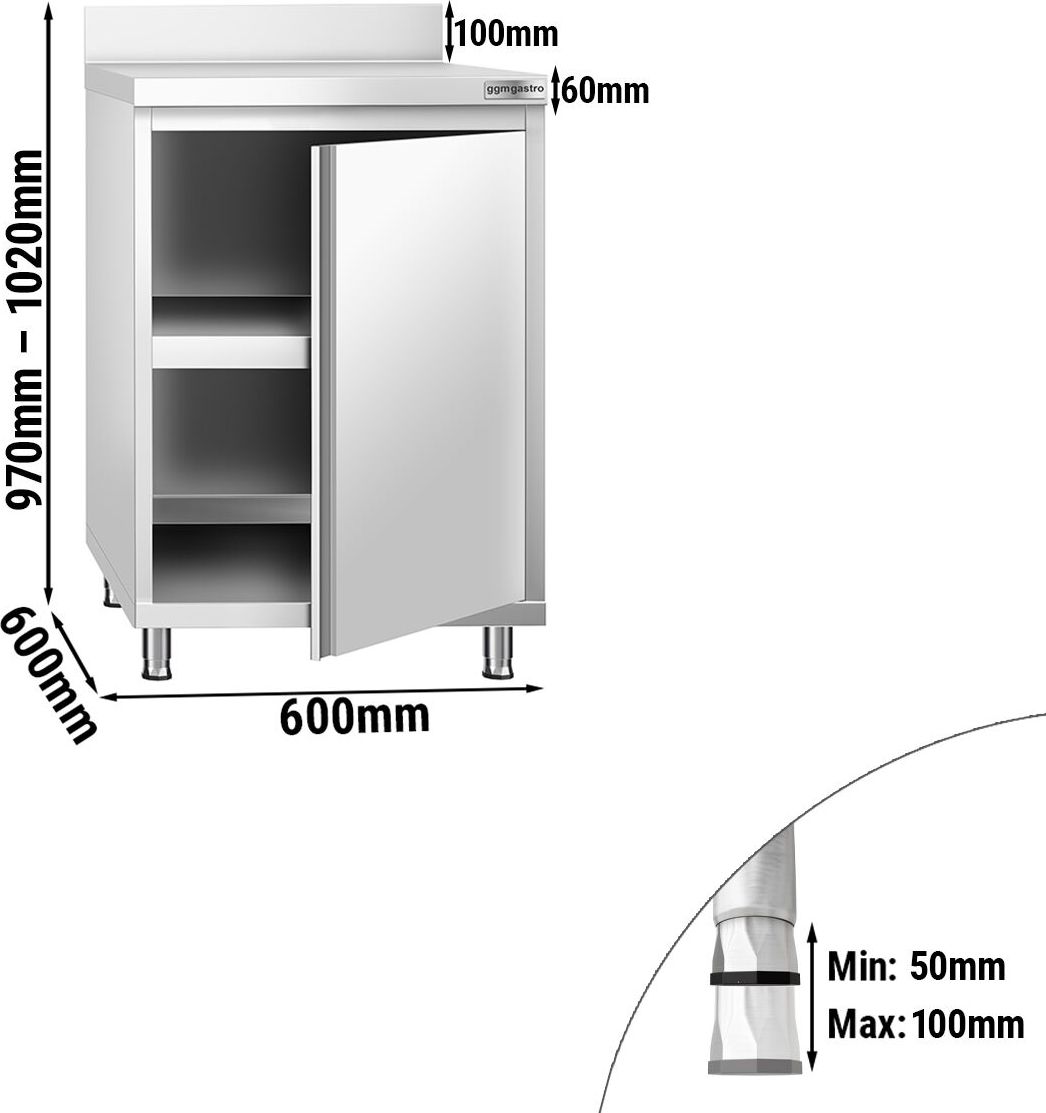 Nerezová pracovní skříňka PREMIUM - 600x600 mm - s křídlovými dveřmi a zadní lištou