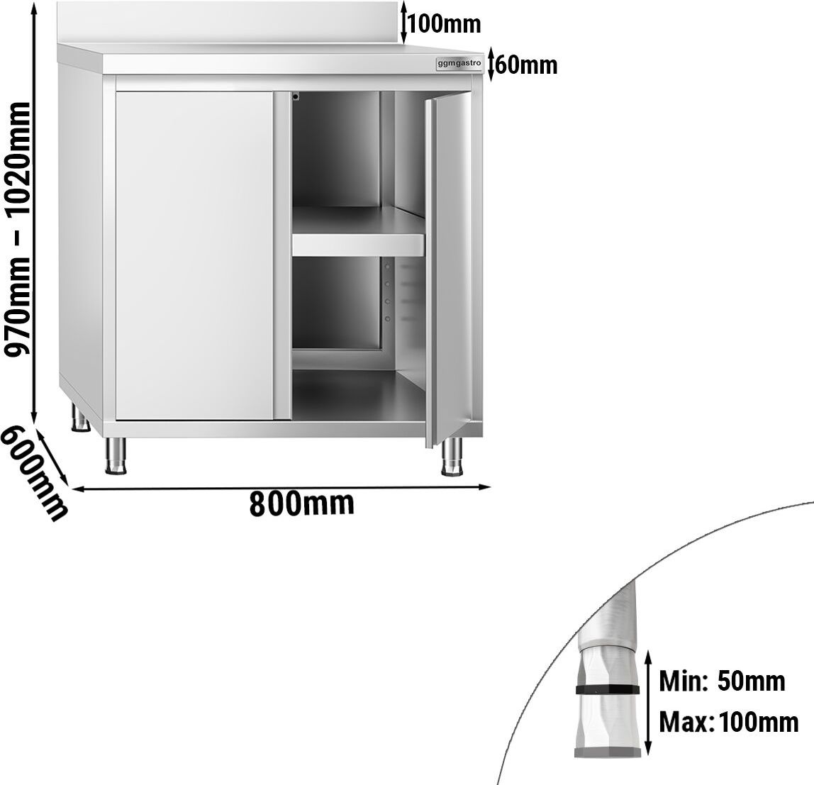 Nerezová pracovní skříňka PREMIUM - 800x600 mm - s křídlovými dveřmi a zadní lištou