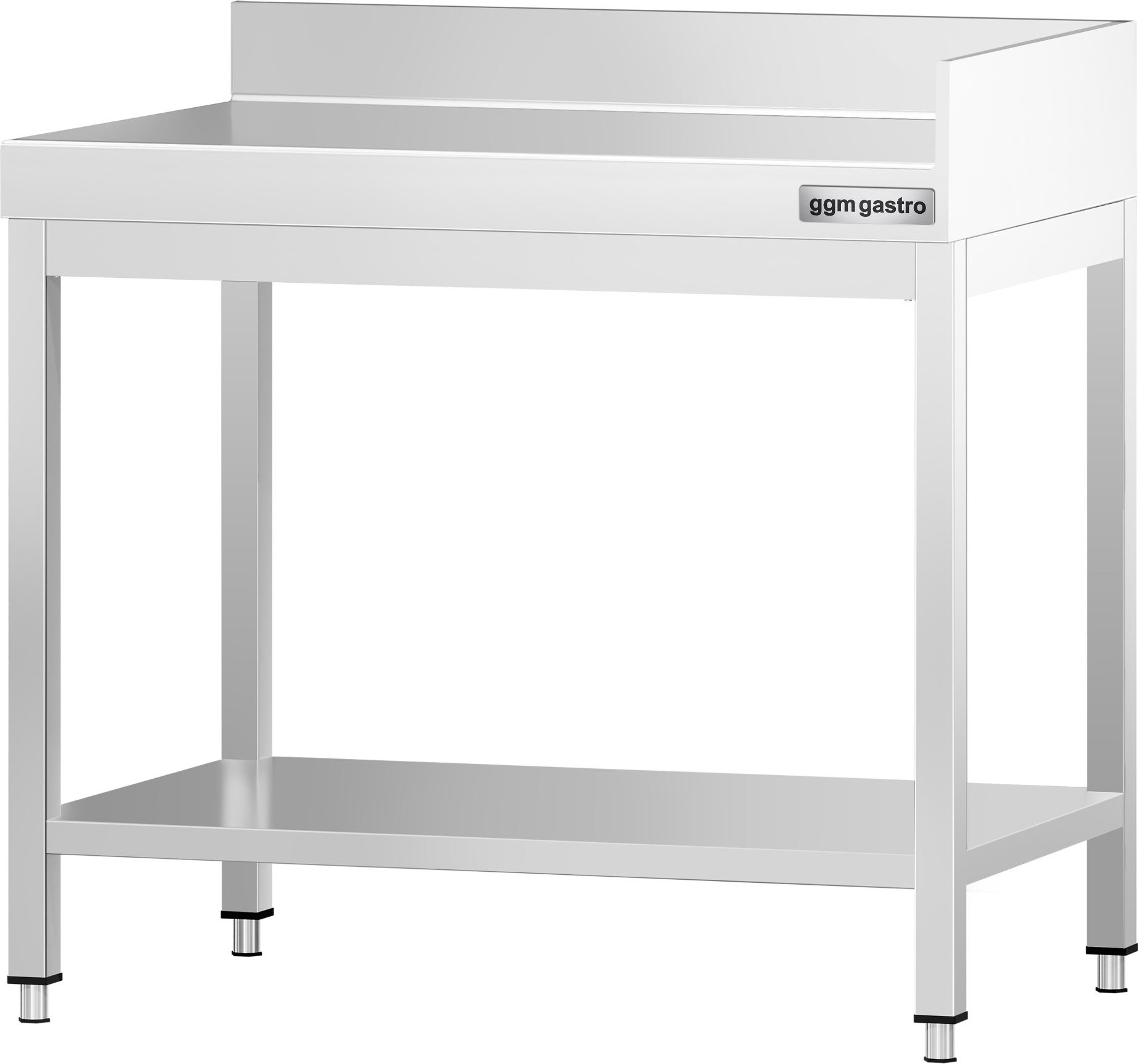 Nerezový pracovní stůl PREMIUM - 600x600 mm - se spodní policí, zadní lištou vzadu a vpravo