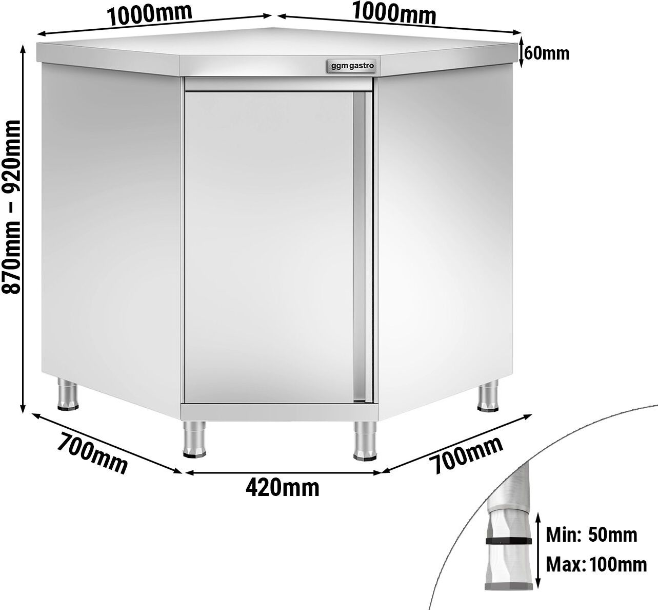 Nerezová pracovní skříňka PREMIUM - 1000x700mm - se 1 křídlovými dveřmi