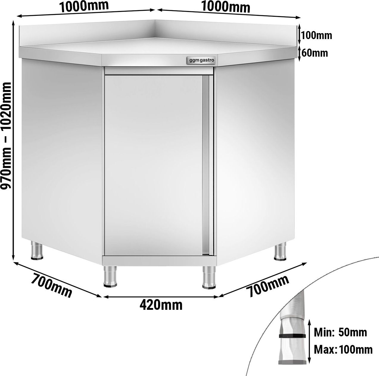 Nerezová pracovní skříňka PREMIUM se 1 křídlovými dveřmi a zadní lištou 1000x700 mm