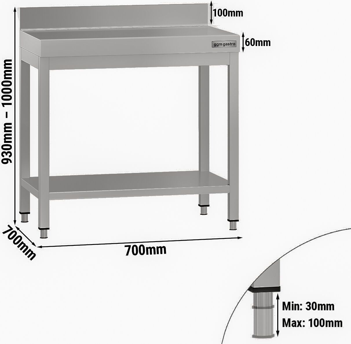 Nerezový pracovní stůl ECO - 700x700 mm - se spodní policí & obkladovou lištou