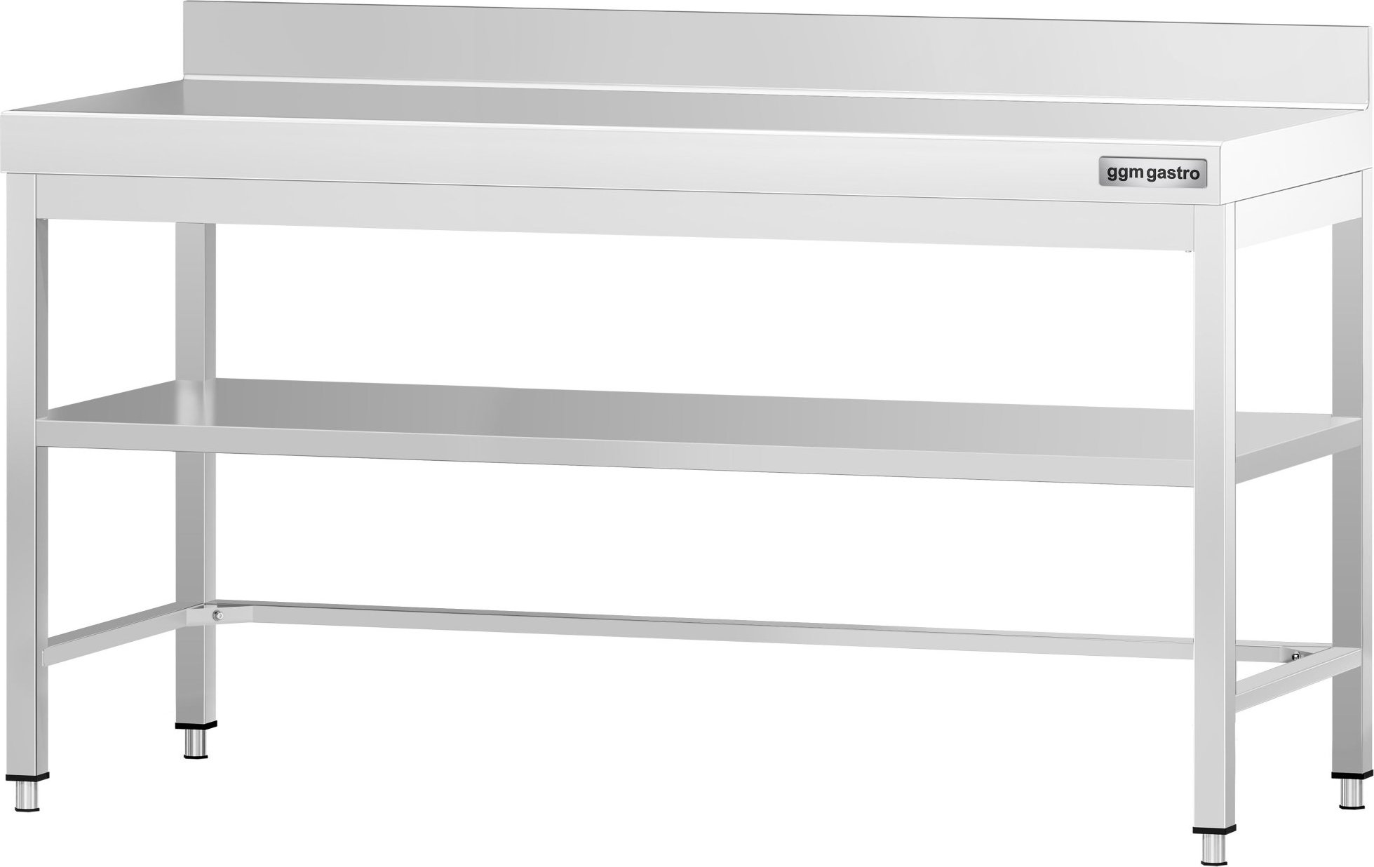 Nerezový pracovní stůl PREMIUM - 2000x600 mm - se spodní policí,  zadní lištou a výztuhou