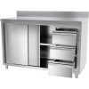 Pracovní skříňka PREMIUM z nerezové oceli - 1,4 m - se 3 šuplíky vpravo & obkladovým panelem
