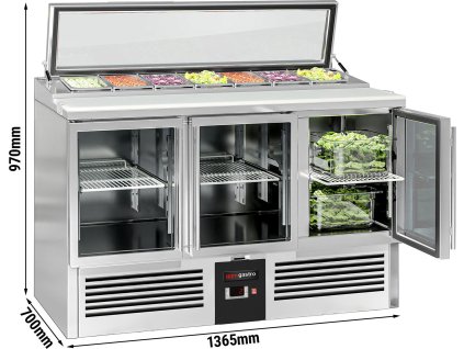 Stół Sałatkowy PREMIUM - 1365 mm - dla 7x GN 1/3 - szklana pokrywa - 3 szklane drzwi