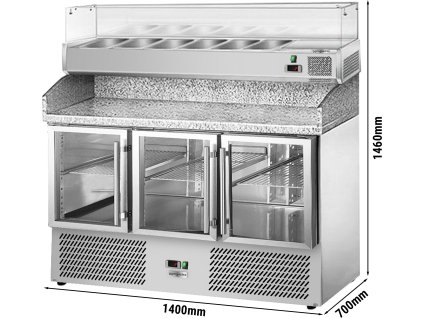 Stół chłodniczy do pizzy ECO - 1400x700mm - z 3 szklanymi drzwiami - włącznie z witryną chłodniczą nadstawną - 6x GN 1/4