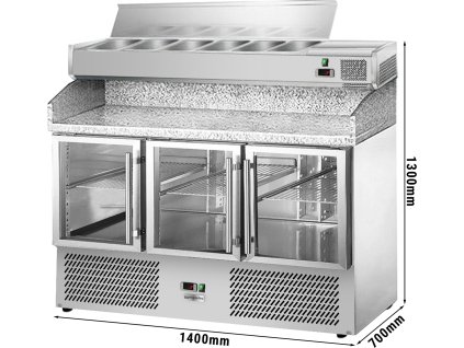 Stół chłodniczy do pizzy ECO - 1400x700mm - z 3 szklanymi drzwiami - włącznie z witryną chłodniczą nadstawną - 6x GN 1/4