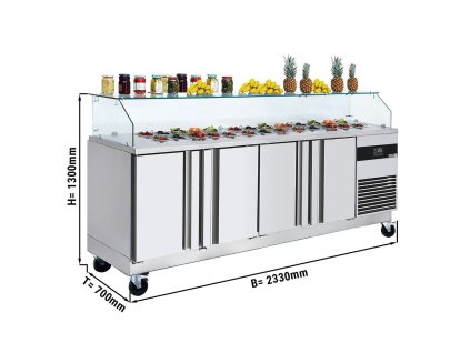 Stół Sałatkowy PREMIUM - 2330mm - 4 drzwi - dla 10x GN 1/6 - kwadratowa szklana nadstawna