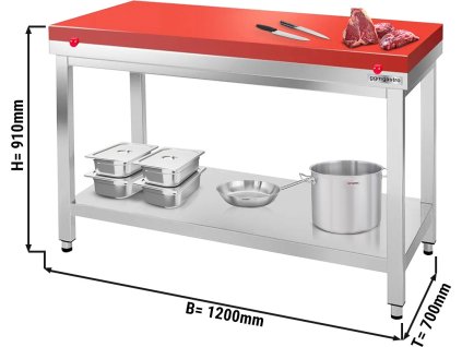 Stół roboczy ze stali nierdzewnej PREMIUM - 1200x700 mm - z półką dolną bez panelu tylnego, włącznie z płytą do cięcia