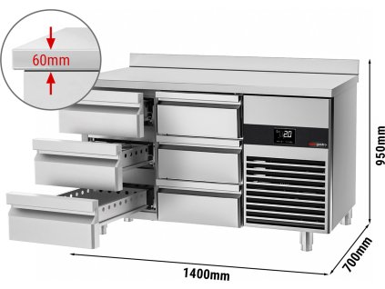 Stół chłodniczy PREMIUM - 1400x700 mm - 6 szuflad & z panelem tylnym