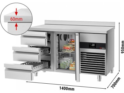 Stół chłodniczy PREMIUM - 1400x700 mm - z 1 drzwiami i 3 szufladami & z panelem tylnym