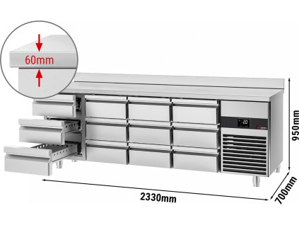 Stół chłodniczy PREMIUM - 2330x700 mm - 12 szuflad & panel tylny