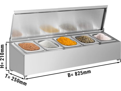 Pojemnik na przyprawy Gastronorm GN 1/6 – zawiasowa pokrywa ze stali nierdzewnej – 825 × 250 × 210 mm – 5 × GN 1/6