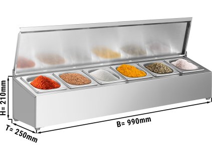 Pojemnik na przyprawy Gastronorm GN 1/6 – zawiasowa pokrywa ze stali nierdzewnej – 990×250×210 mm – 6×GN 1/6