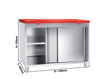 Szafka robocza PREMIUM ze stali nierdzewnej - 1400x800 mm - z drzwiami przesuwnymi bez panelu tylnego, włącznie z płytą do cięcia
