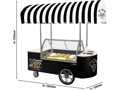 Wózek na lody - 2146 mm - ze zlewem & okrągłą ladą na lody - 9 pojemników na lody o pojemności 5 litrów