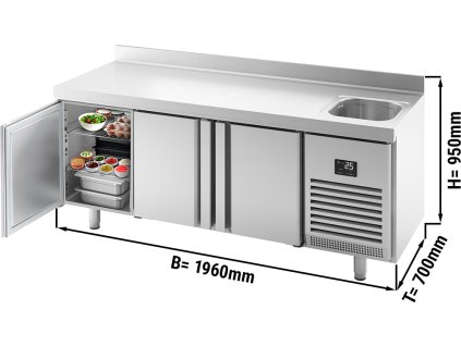 Stół chłodniczy Premium PLUS - 1960x700 mm - z 1 zlewem, 3 drzwiami & panelem tylnym