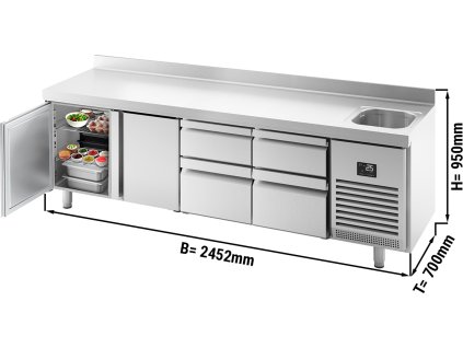 Stół chłodniczy Premium PLUS - 2452x700 mm - z 1 zlewem, 2 drzwiami, 4 szufladami & panelem tylnym