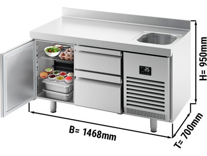 Stół chłodniczy Premium PLUS - 1468x700 mm - z 1 zlewem, 1 drzwiami, 2 szufladami & panelem tylnym