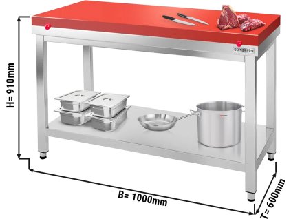 Stół roboczy ze stali nierdzewnej PREMIUM - 1000x600 mm - z półką dolną bez panelu tylnego włącznie z płytą do cięcia