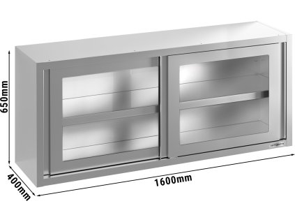 Szafka ścienna ze stali nierdzewnej - 1600x400 mm - z przesuwanymi szklanymi drzwiami - 650 mm wysokości