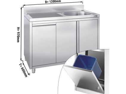 Szafka pod zlewozmywak - 1200x600 mm - z pojemnikiem do odpady & 1 zlewem po prawej stronie