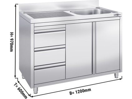 Szafka pod zlewozmywak - 1200x600 mm - z 3 szufladami & 1 zlewem po prawej stronie