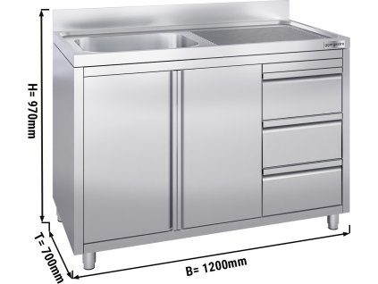 Szafka pod zlewozmywak  - 1200x700 mm - z 3 szufladami & 1 zlewem po lewej stronie