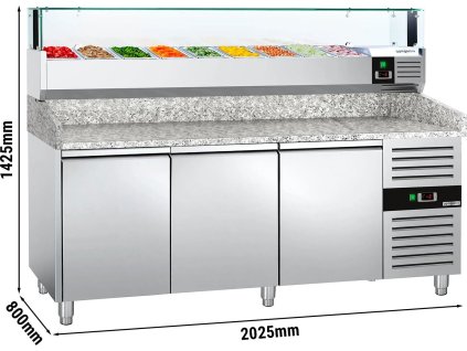 Stół chłodniczy do pizzy PREMIUM - 2000x800mm - z 3 drzwiami - włącznie z witryną chłodniczą nadstawną LED - 9x GN 1/3
