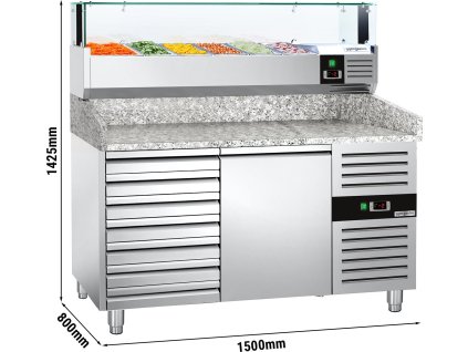 Stół chłodniczy do pizzy PREMIUM - 1500x800mm - z 1 drzwiami i 7 szufladami - włącznie z witryną chłodniczą nadstawną LED - 5x GN 1/3 + 1x GN 1/2