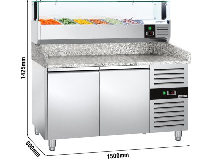 Stół chłodniczy do pizzy PREMIUM - 1500x800mm - z 2 drzwiami - włącznie z witryną chłodniczą nadstawną LED - 5x GN 1/3 + 1x GN 1/2