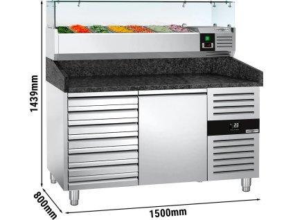 Stół chłodniczy do pizzy PREMIUM - 1500x800mm - z 1 drzwiami i 7 szufladami - z witryną chłodniczą nadstawną - 6x GN 1/3