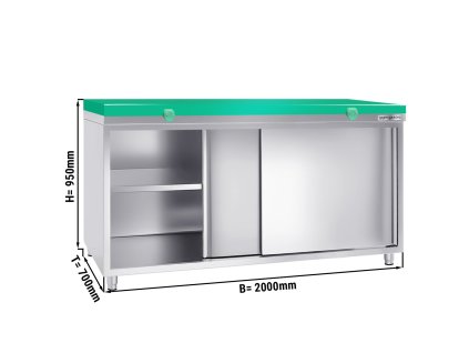 Szafka robocza PREMIUM ze stali nierdzewnej - 2000x700 mm - z drzwiami przesuwnymi bez panelu tylnego, włącznie z płytą do cięcia