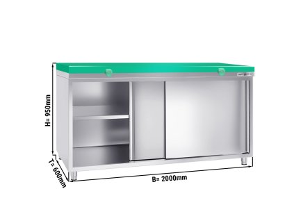 Szafka robocza PREMIUM ze stali nierdzewnej - 2000x600mm - z drzwiami przesuwnymi bez panelu tylnego, włącznie z płytą do cięcia