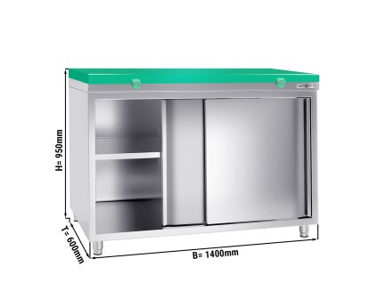 Szafka robocza PREMIUM ze stali nierdzewnej - 1400x600 mm - z drzwiami przesuwnymi bez panelu tylnego, włącznie z płytą do cięcia