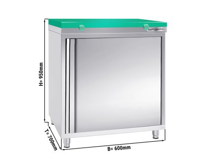 Szafka robocza ze stali nierdzewnej PREMIUM - 600x700 mm - z drzwiami na zawiasach bez panelu tylnego włącznie z płytą do cięcia