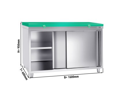 Szafka robocza PREMIUM ze stali nierdzewnej - 1600x600 mm - z drzwiami przesuwnymi bez panelu tylnego, włącznie z płytą do cięcia