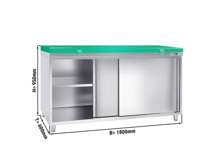Szafka robocza PREMIUM ze stali nierdzewnej - 1800x600 mm - z drzwiami przesuwnymi bez panelu tylnego, włącznie z płytą do cięcia