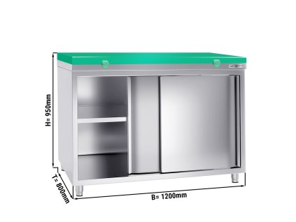 Szafka robocza PREMIUM ze stali nierdzewnej - 1200x800 mm - z drzwiami przesuwnymi bez panelu tylnego, włącznie z płytą do cięcia