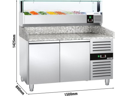 Stół chłodniczy do pizzy PREMIUM - 1500x800mm - z 2 drzwiami - włącznie z witryną chłodniczą nadstawną LED - 7x GN 1/4