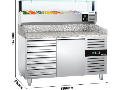 Stół chłodniczy do pizzy PREMIUM - 1500x800mm - z 1 drzwiami i 7 szufladami - włącznie z witryną chłodniczą nadstawną LED - 7x GN 1/4