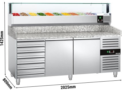 Stół chłodniczy do pizzy PREMIUM - 2000x800mm - z 2 drzwiami i 7 szufladami - włącznie z witryną chłodniczą nadstawną LED - 10x GN 1/4