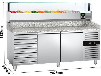 Stół chłodniczy do pizzy PREMIUM - 2000x800mm - z 2 drzwiami i 7 szufladami - włącznie z witryną chłodniczą nadstawną LED - 10x GN 1/4