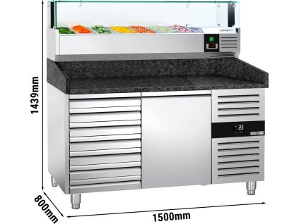 Stół chłodniczy do pizzy PREMIUM - 1500x800mm - z 1 drzwiami i 7 szufladami - włącznie z witryną chłodniczą nadstawną LED - 7x GN 1/4