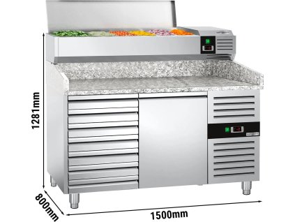Stół chłodniczy do pizzy PREMIUM - 1500x800mm - z 1 drzwiami i 7 szufladami - włącznie z witryną chłodniczą nadstawną - 6x GN 1/3