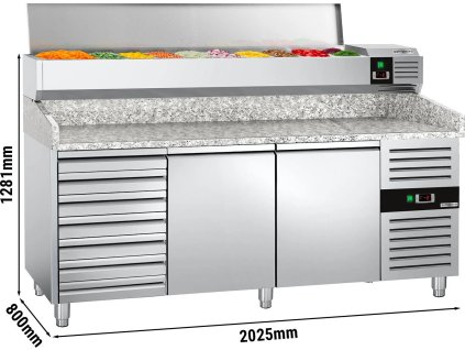 Stół chłodniczy do pizzy PREMIUM - 2000x800mm - z 2 drzwiami i 7 szufladami - włącznie z witryną chłodniczą nadstawną - 10x GN 1/4