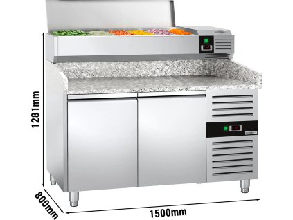 Stół chłodniczy do pizzy PREMIUM - 1500x800mm - z 2 drzwiami - włącznie z witryną chłodniczą nadstawną - 7x GN 1/4
