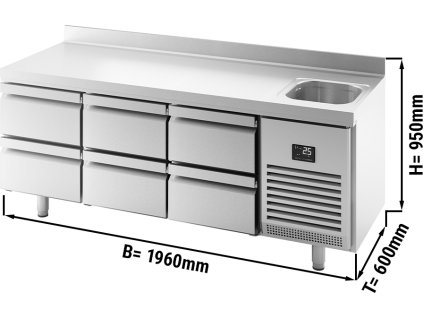 Stół chłodniczy Premium PLUS - 1960x600 mm - z 1 zlewem, 6 szufladami & panelem tylnym